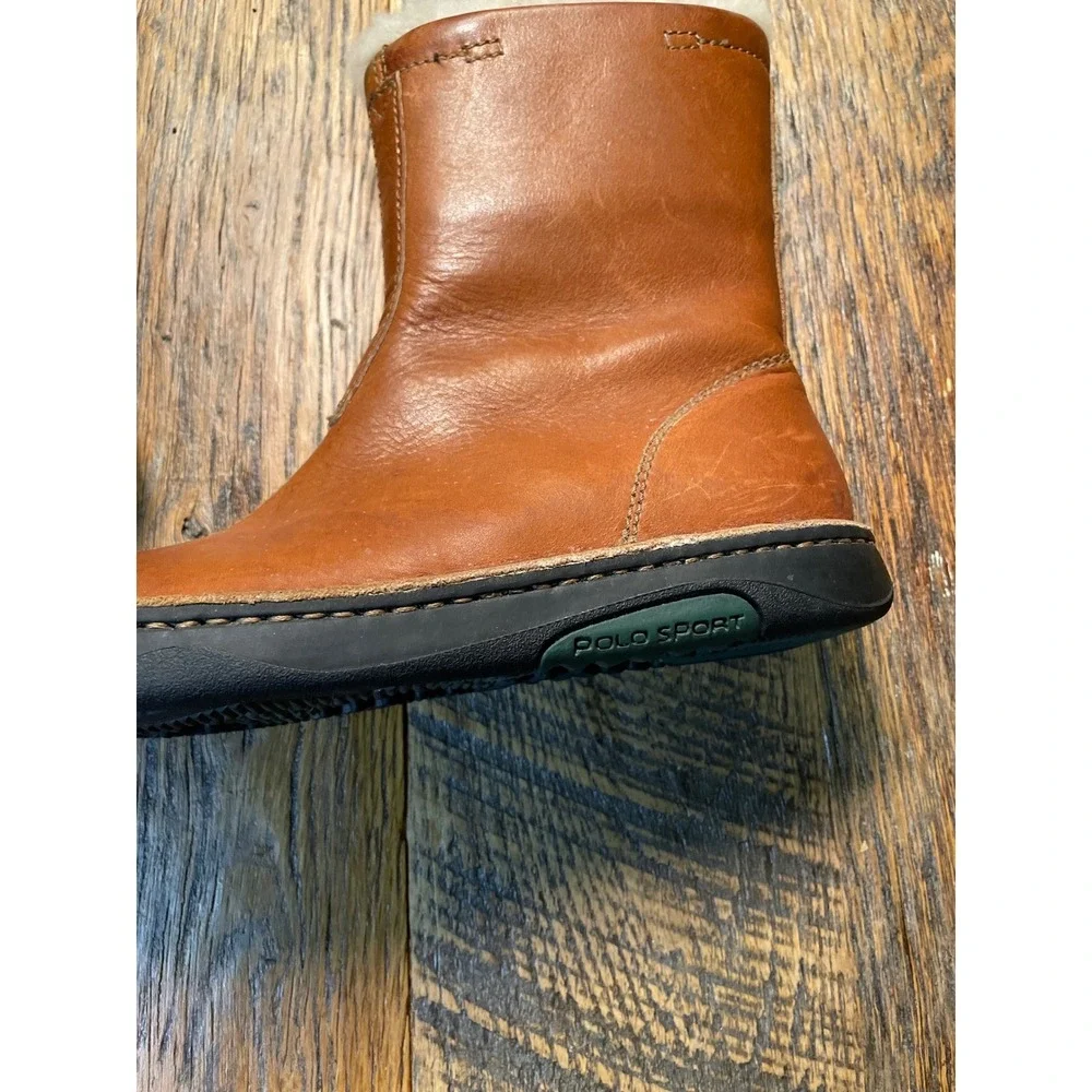 Polo Sport Kid‎ Brown Leather Fur Lined Winter Boots Side Zip Girls Size 6.5 Boy